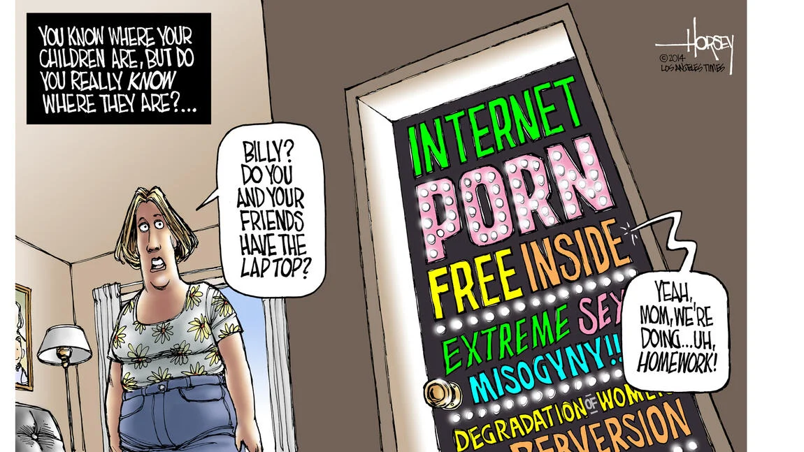 Kreslené deti v spálni sledujú porno na notebooku, zatiaľ čo mama volá zvonku