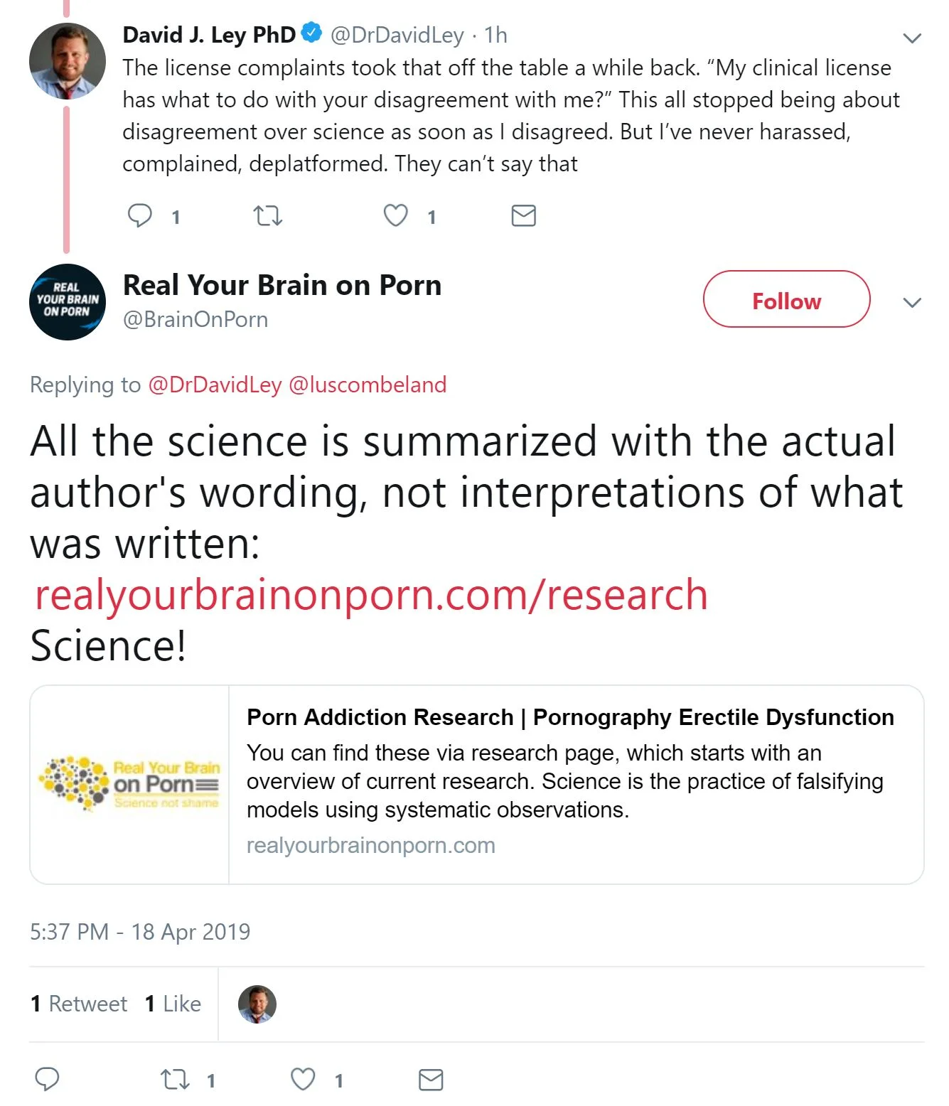 RealYourBrainOnPorn (@BrainOnPorn) tweets Daniel Burgess, Nicole Prause og pro-porno-allierte samarbeider på et partisk nettsted og sosiale mediekontoer for å støtte pornobransjagendaen (begynner i april, 2019)