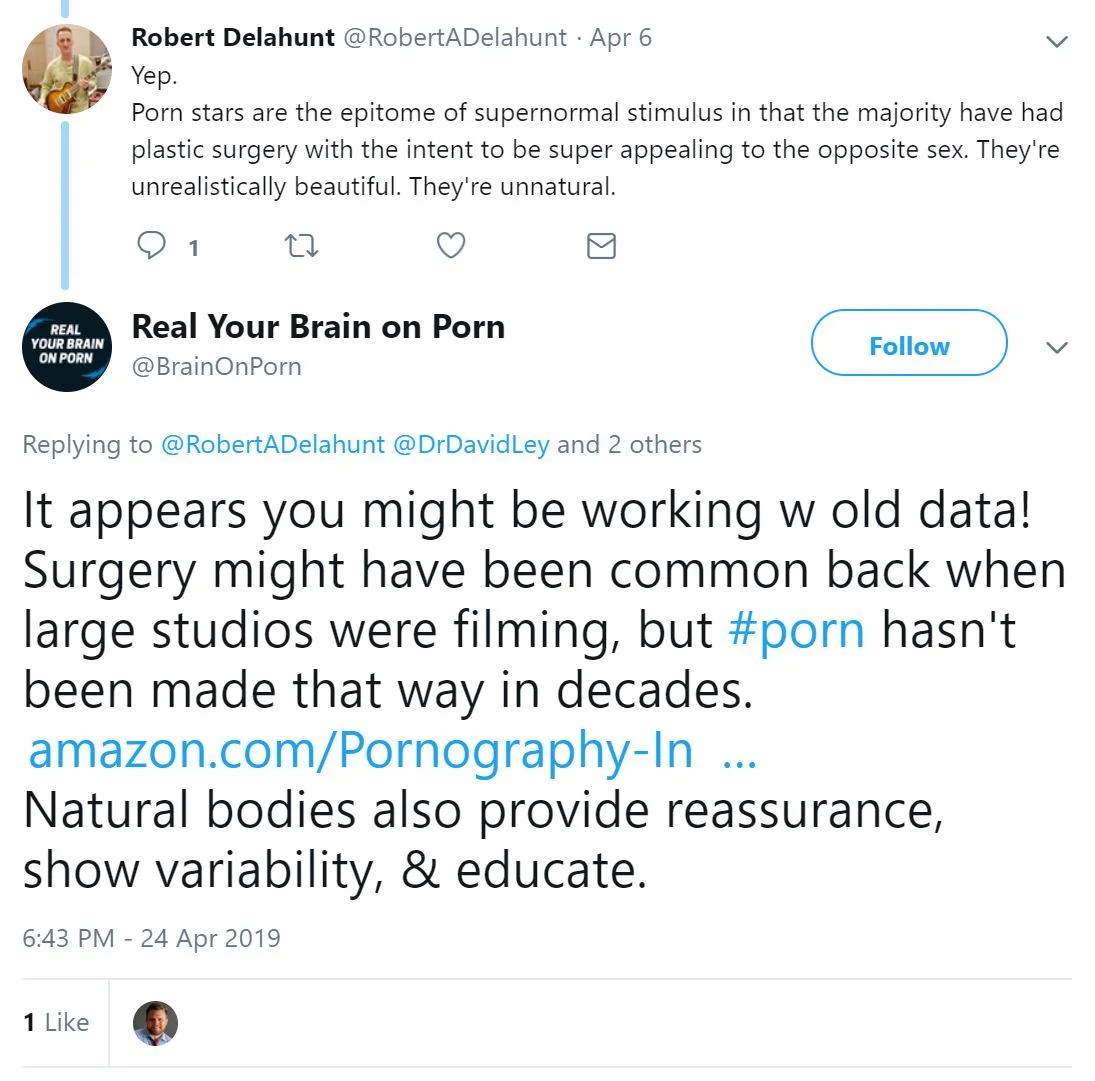 RealYourBrainOnPorn (@BrainOnPorn) tweets Daniel Burgess, Nicole Prause og pro-porno-allierte samarbeider på et partisk nettsted og sosiale mediekontoer for å støtte pornobransjagendaen (begynner i april, 2019) bilde