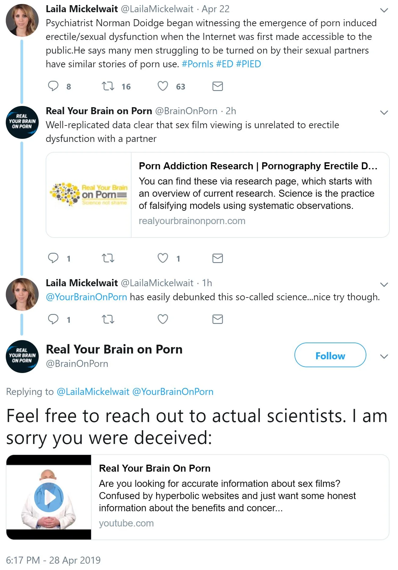 RealYourBrainOnPorn (@BrainOnPorn) tweets Daniel Burgess, Nicole Prause and pro-porn allies collaborate on a biased website and social media accounts to support the porn industry agenda (beginning in April, 2019)