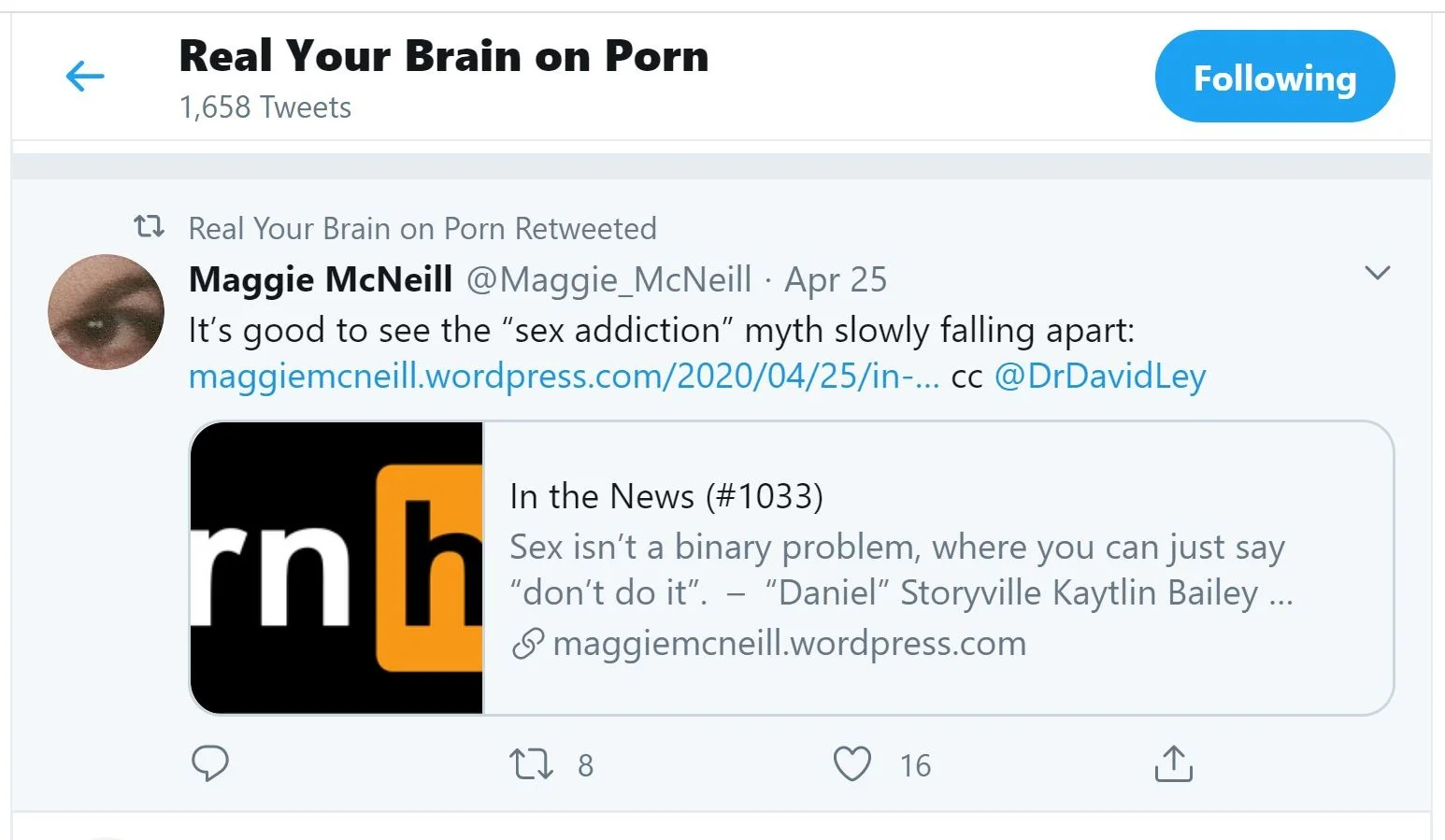 RealYourBrainOnPorn (@BrainOnPorn) tweets DIRECTLY supporting the porn industry, especially Pornhub